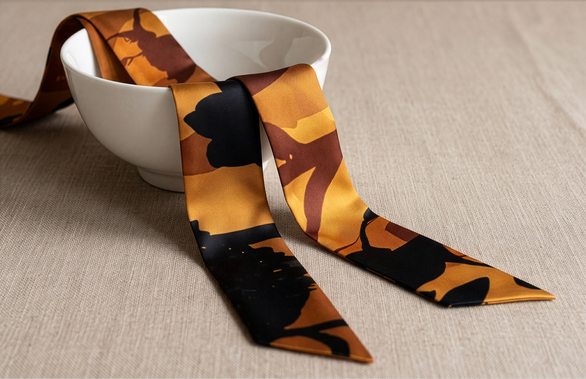 A silk necktie with a bold abstract pattern in mustard yellow, brown, and black, draped over a white ceramic bowl on a beige textured tablecloth.