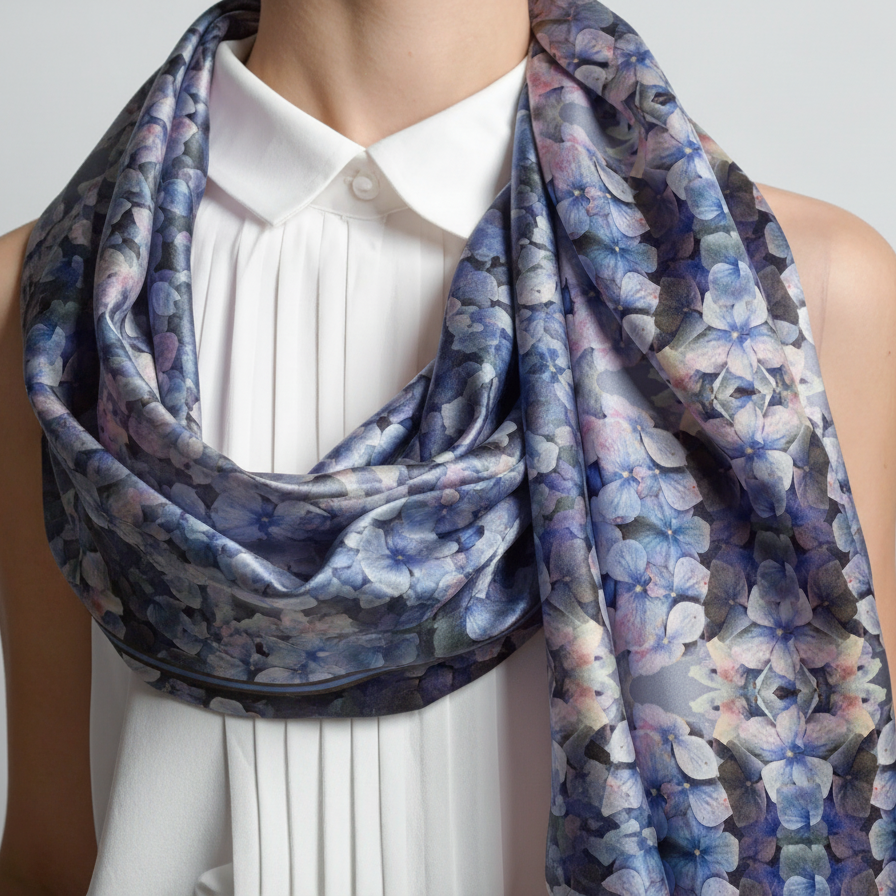 Person wearing a white blouse with a blue floral scarf draped over the shoulders against a plain background