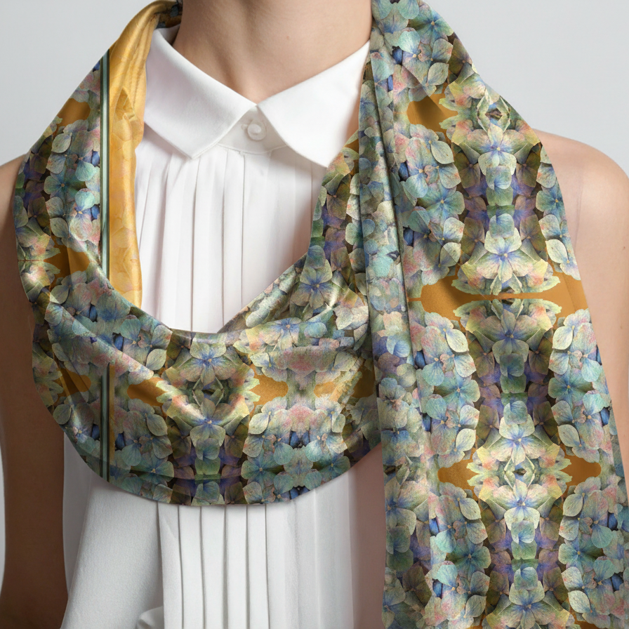 Mannequin wearing a white shirt with a colorful floral scarf draped over the shoulders.