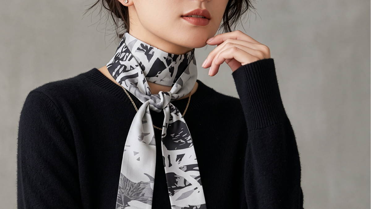 A close-up of a model wearing a black knit sweater and a black, white, and gray botanical print silk scarf tied around the neck.