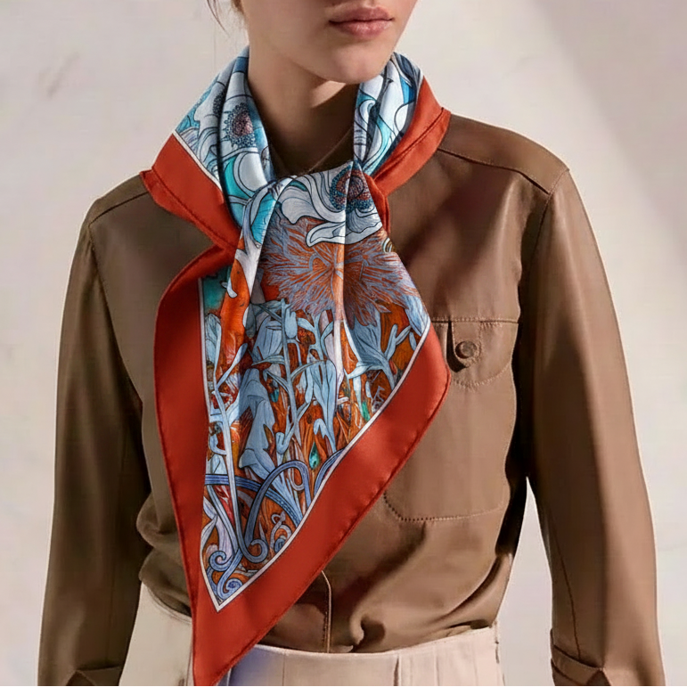 A model with red hair wearing a brown button-up shirt and a light-colored skirt, styled with a square silk scarf featuring a blue, orange, and white paisley pattern with a red border.