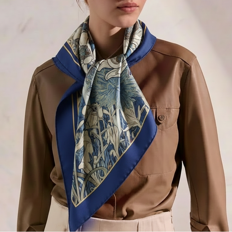 A woman with red hair wearing a brown satin shirt and a blue patterned silk scarf, posed against a light textured wall.
