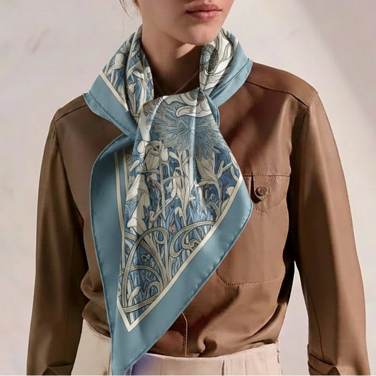 A woman with red hair wearing a brown button-up shirt and a light blue paisley silk scarf, posed against a light textured wall with soft shadows.
