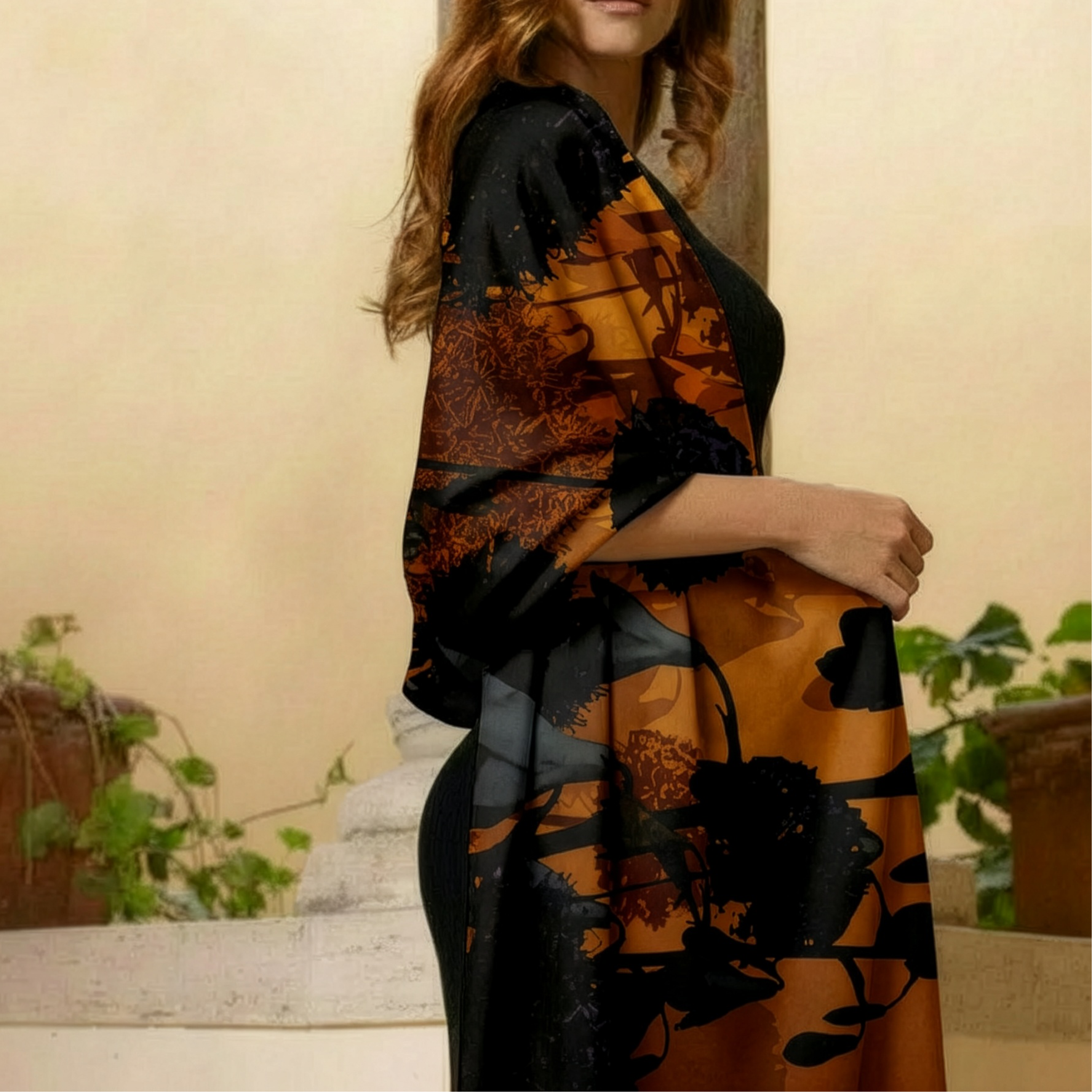 Woman wearing a black and orange patterned scarf in an outdoor setting