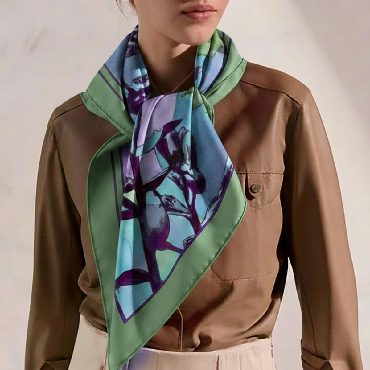A woman wearing a brown button-up shirt and light-colored trousers, styled with a square silk scarf featuring a botanical pattern in shades of green, purple, and light blue.