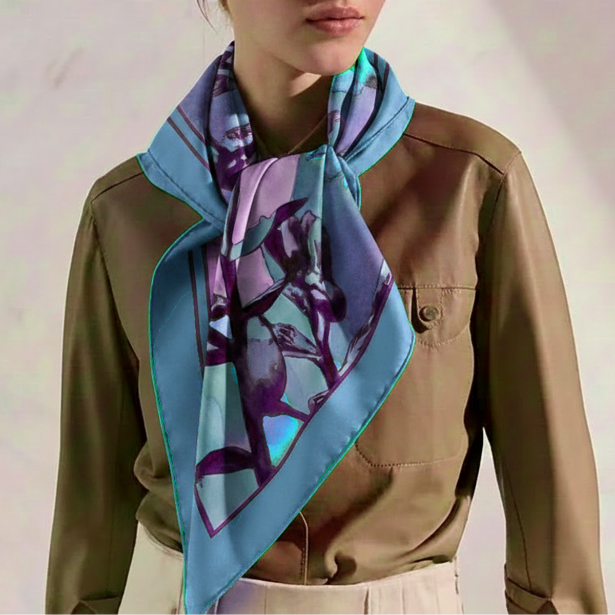 A woman with red hair wearing a brown button-up shirt and cream trousers, styled with a light blue silk scarf featuring a purple floral pattern.